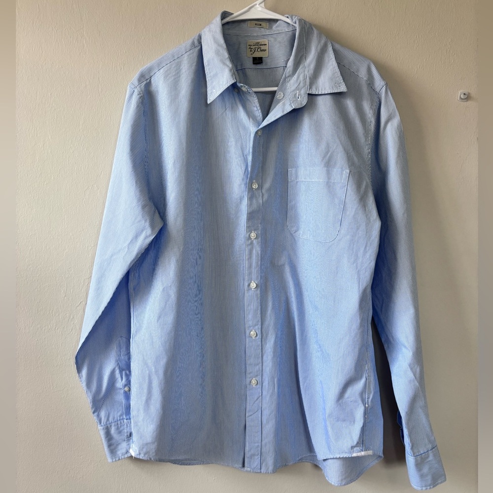 J Crew 2 Ply 100% Cotton Men’s Shirt Size Large Slim Blue And White Stripe